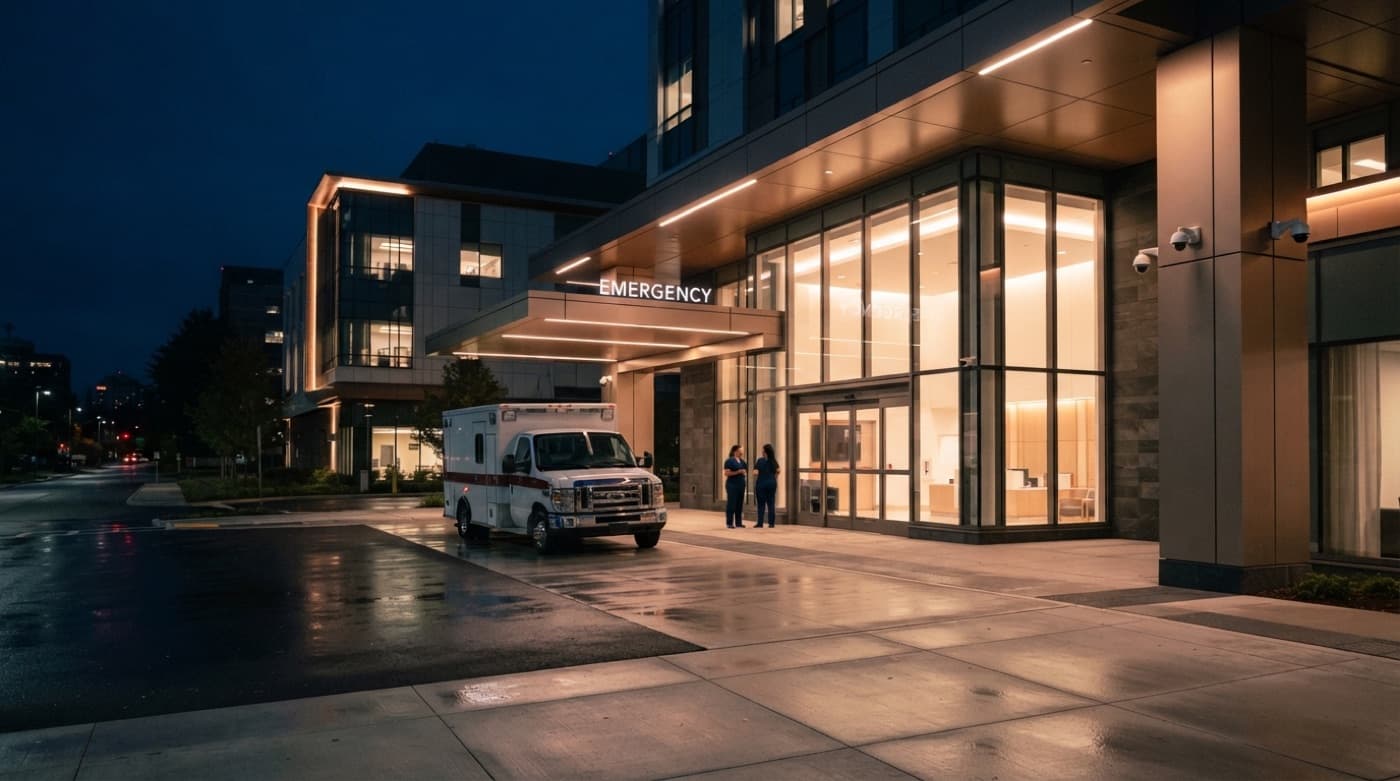 Hospital emergency entrance at night with an ambulance
