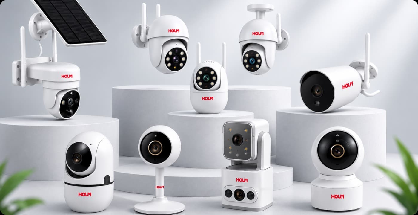 HOUM cameras arranged on display podiums