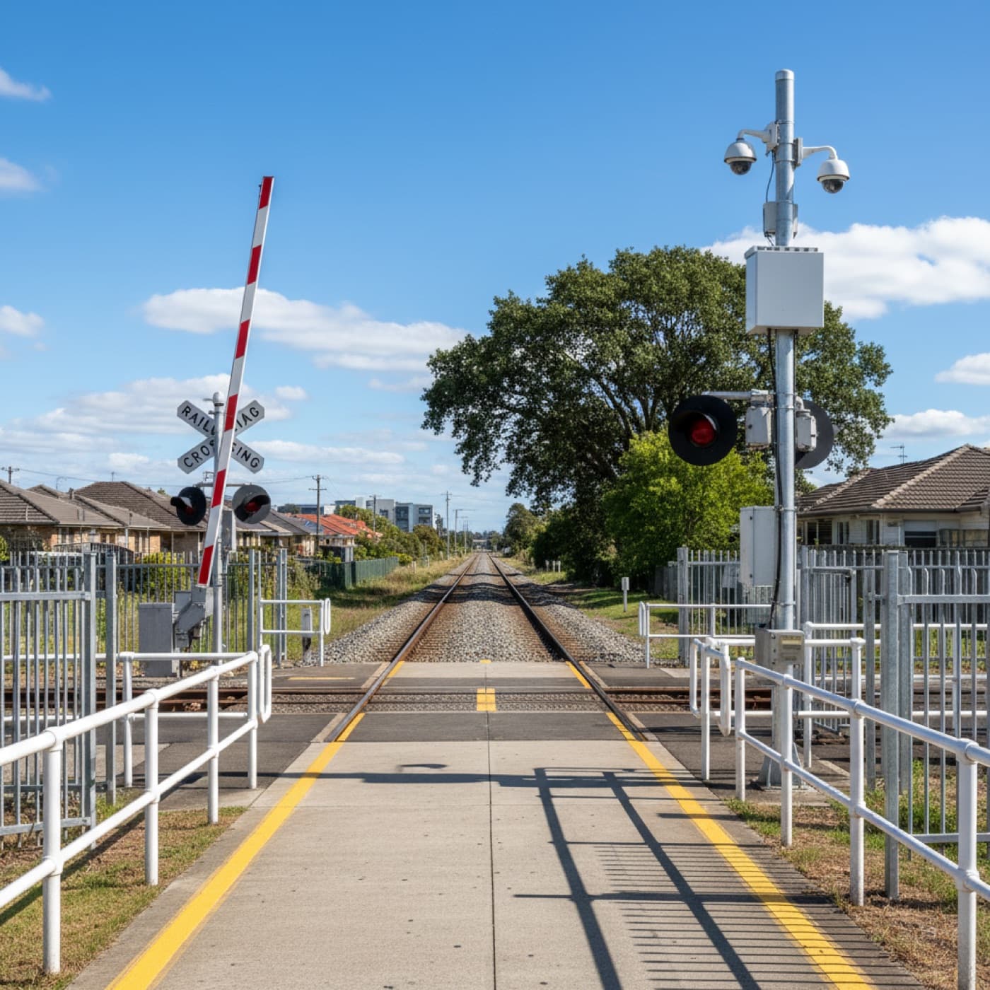Railway level crossing with surveillance cameras on a pole