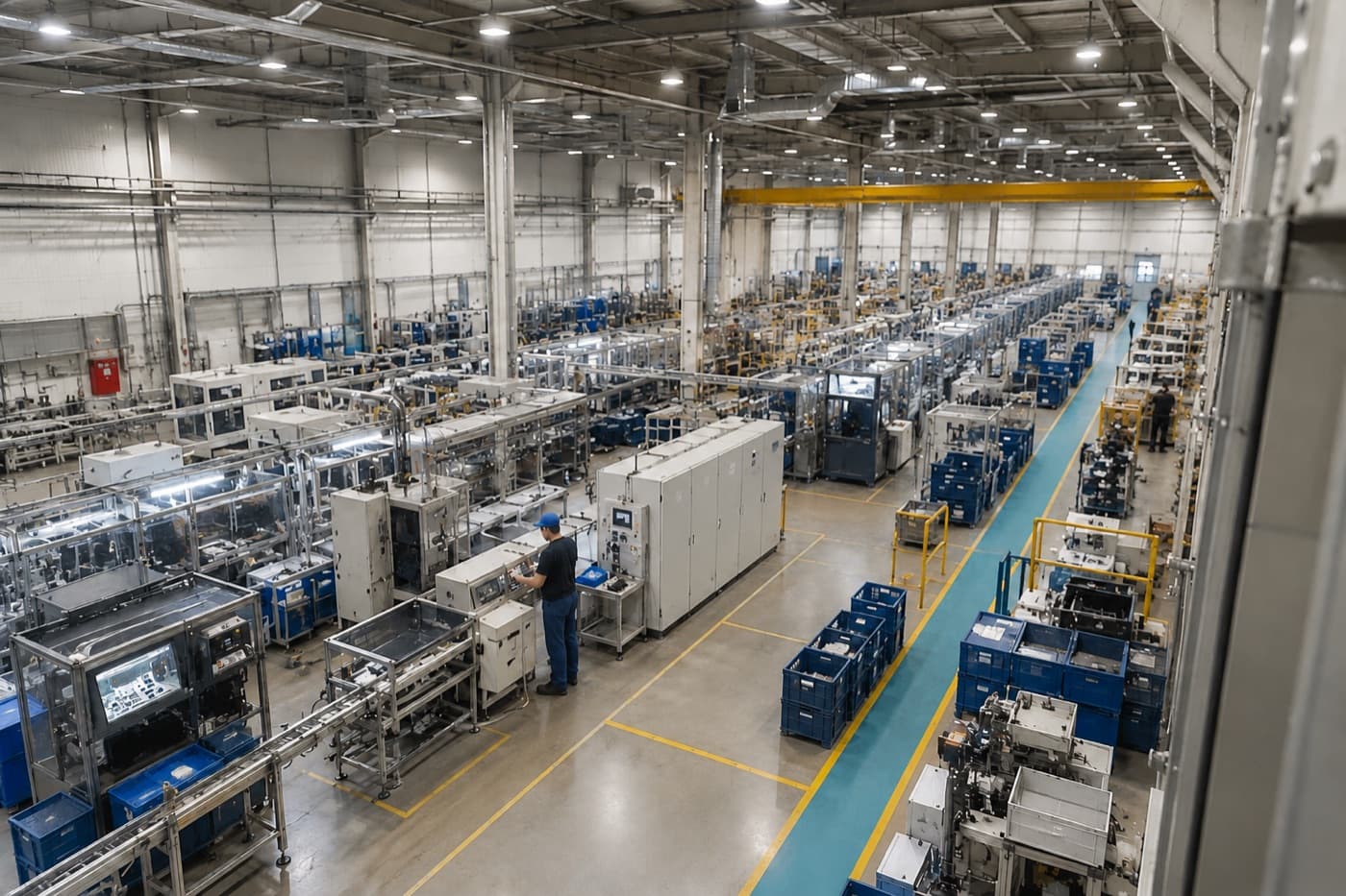 Factory production floor with machinery and a worker