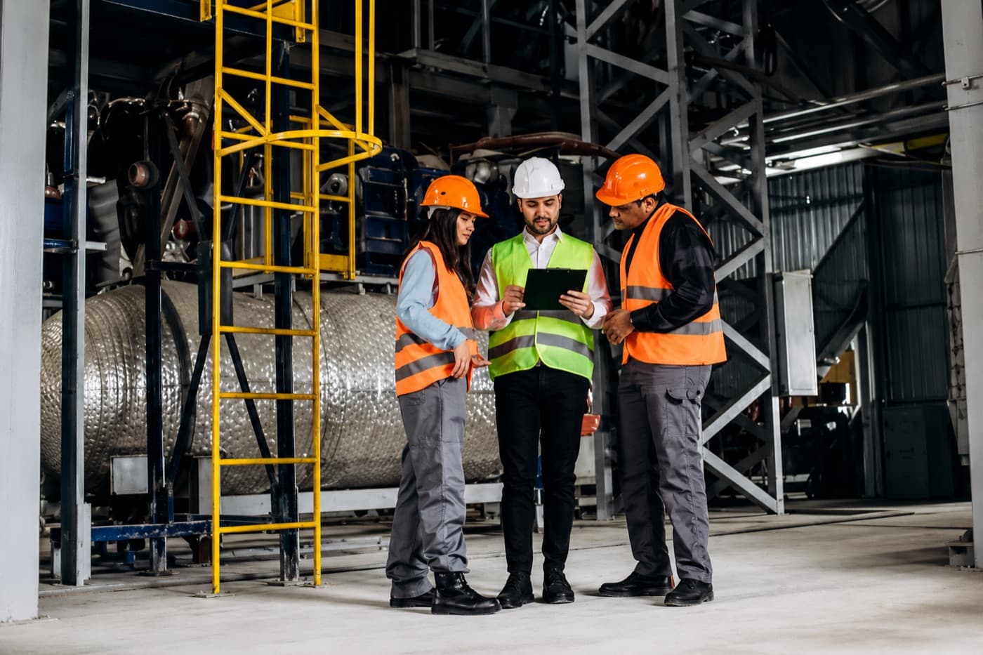 Three workers in safety gear reviewing a clipboard on an industrial floor