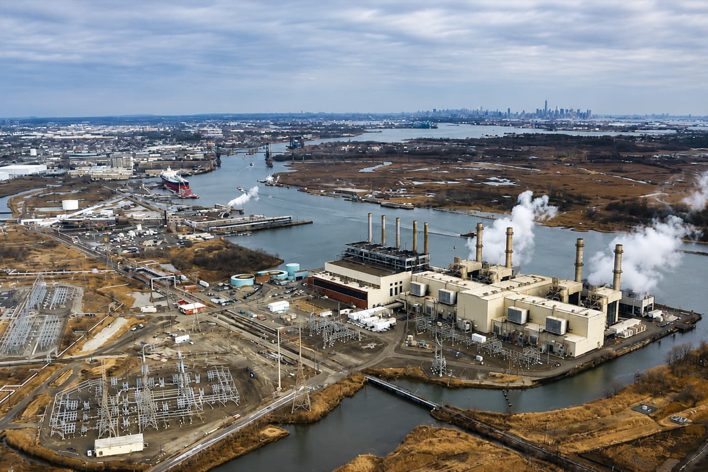 Aerial view of an industrial power plant on a river
