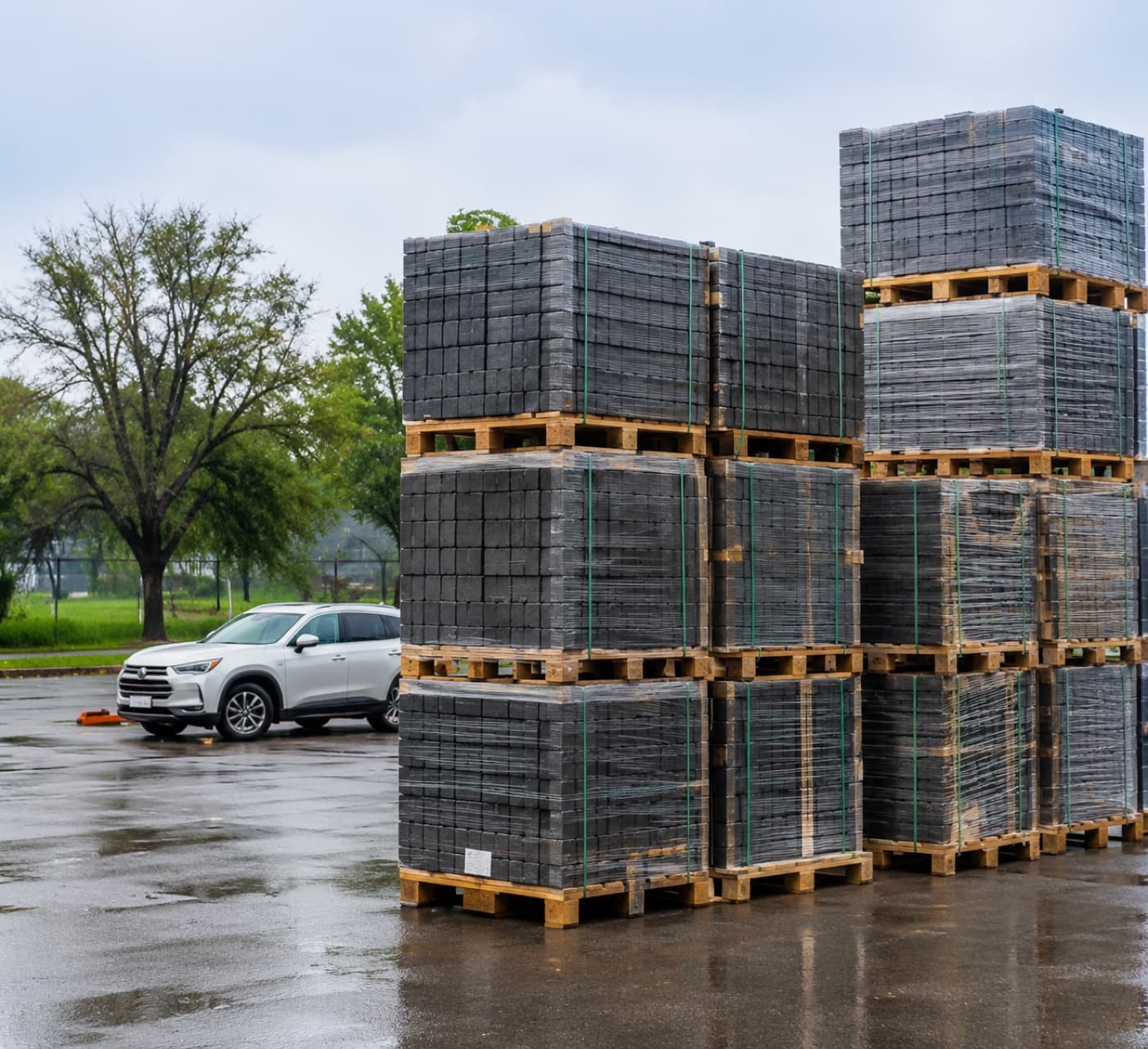 Outdoor yard with stacked pallets and a parked car