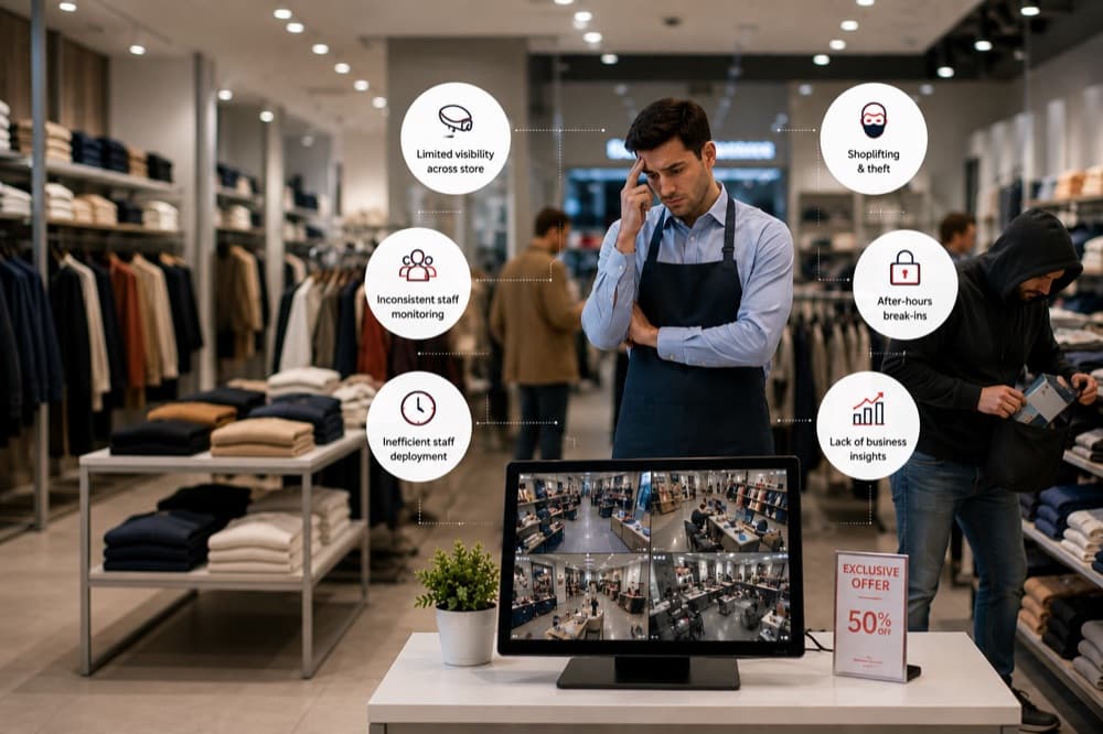 Shop assistant on the phone in a clothing store with security concern icons overlaid
