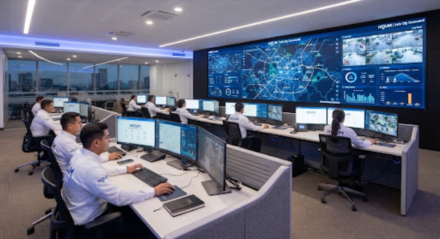 Operators working in a city command centre in front of a large map display