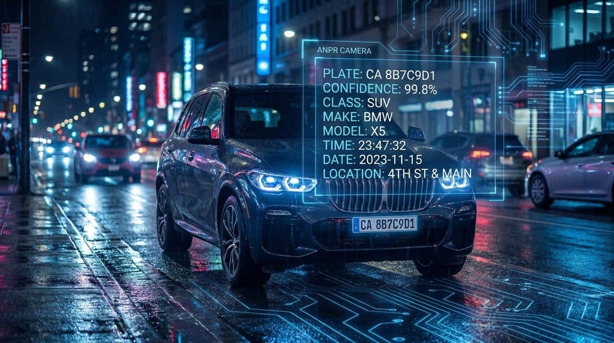 Night street scene with plate recognition overlays on a car