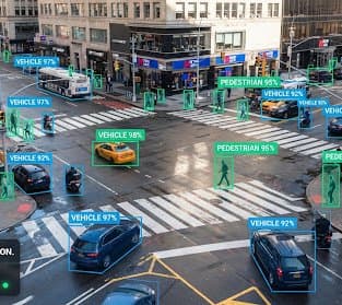 Street intersection with AI vehicle and pedestrian detection boxes