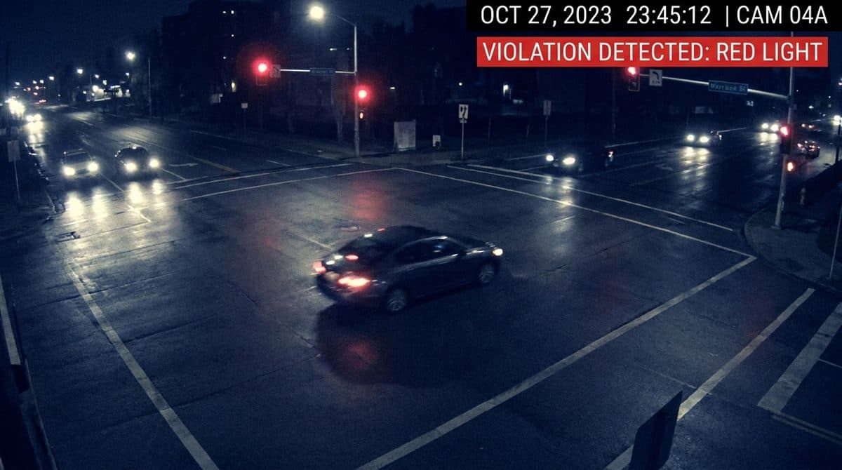 Night-time intersection camera view with radar speed overlays