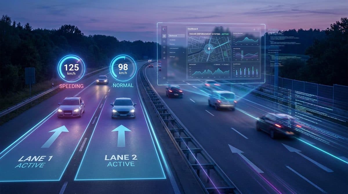 Highway lanes with speed readouts and a violation alert card