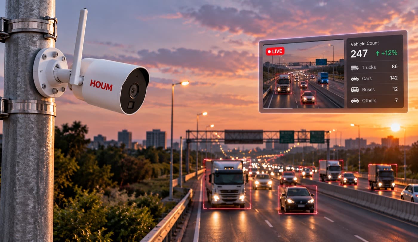 HOUM camera on a pole above a highway with AI vehicle detection overlays